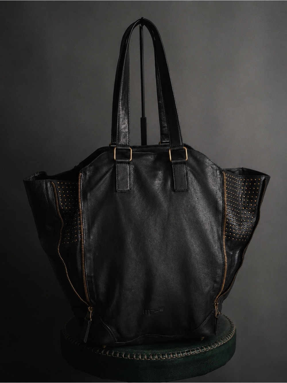 MJUS Black Leather Expandable Studded Tote Bag | Large